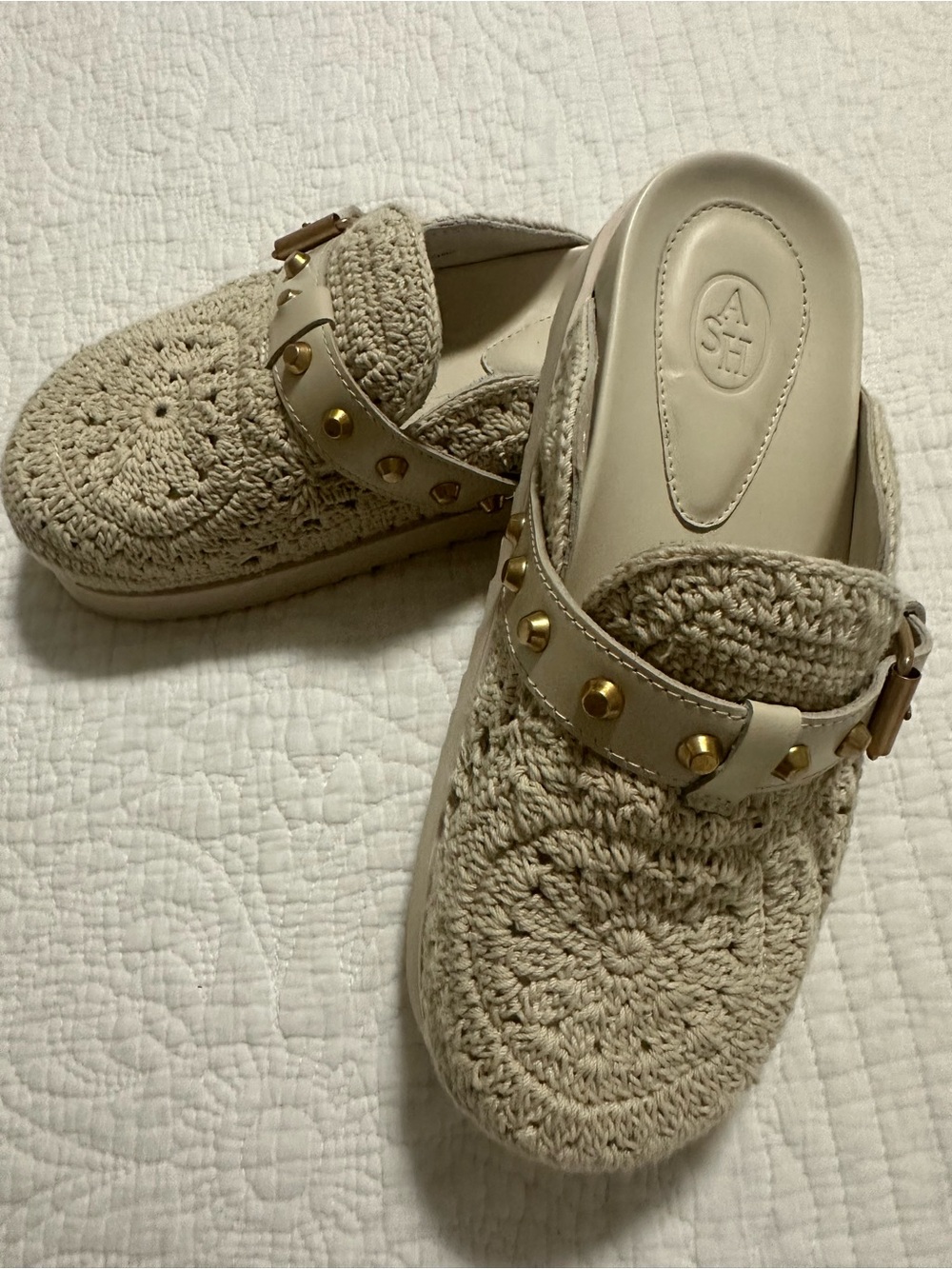 Ash Crochet Slip-On Mules with Gold Stud Accent - Beige